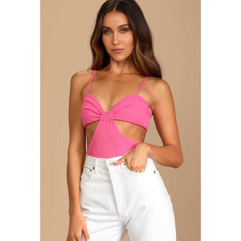 Lulus Bet On Yourself Hot Pink Ribbed Cutout Sleeveless Bodysuit - Size L